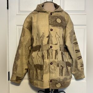 Shiquiry Hooded 100% Wool Ecuador Beige Alpaca Large Jacket Oversize Winter Warm